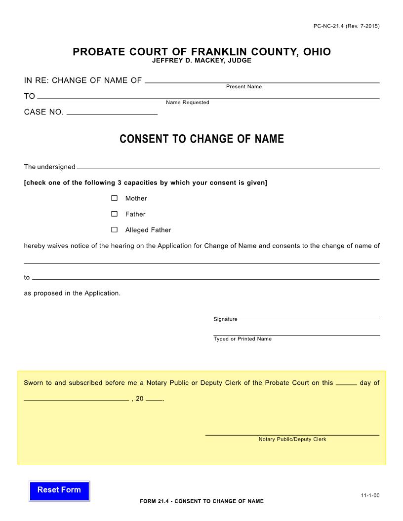 Consent To Change Of Name {21.4} | Pdf Fpdf Doc Docx | Ohio