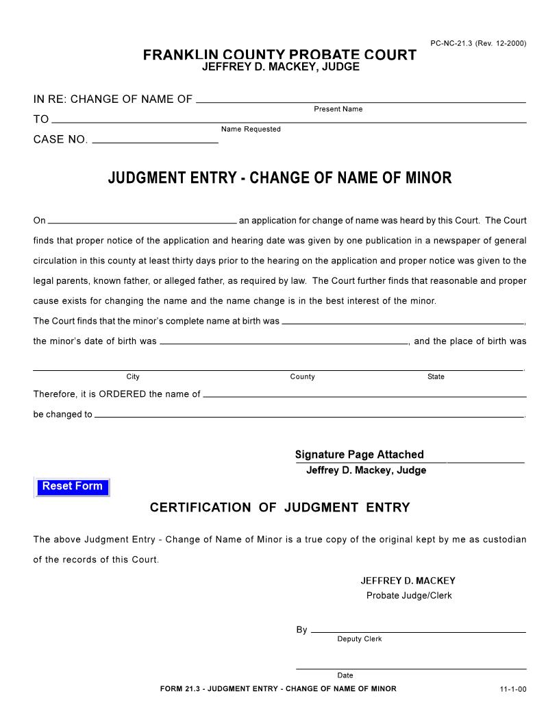 Judgment Entry Change Of Name Of Minor {21.3} | Pdf Fpdf Doc Docx | Ohio