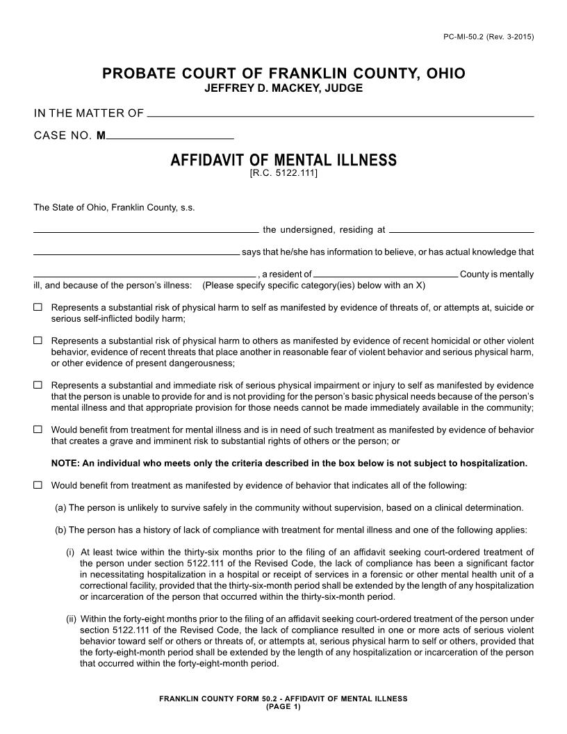 Affidavit Of Mental Illness {50.2} | Pdf Fpdf Doc Docx | Ohio