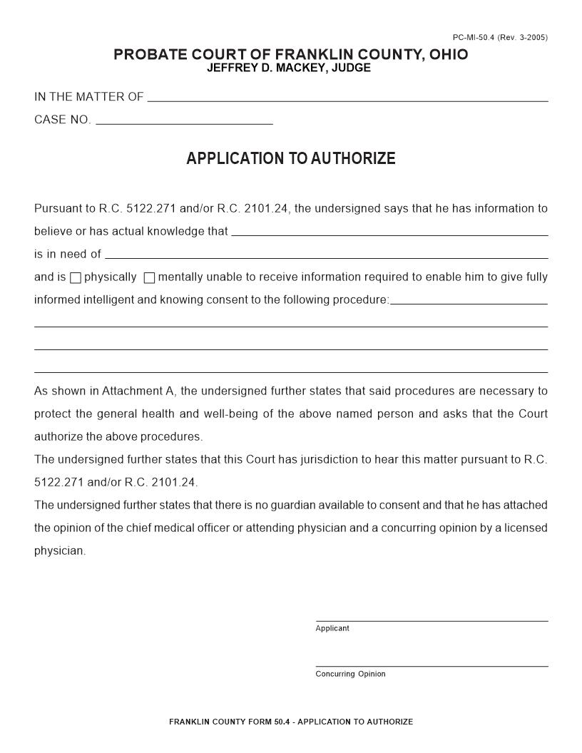 Application to Authorize Medication Or Medical Procedure {50.4} | Pdf Fpdf Doc Docx | Ohio