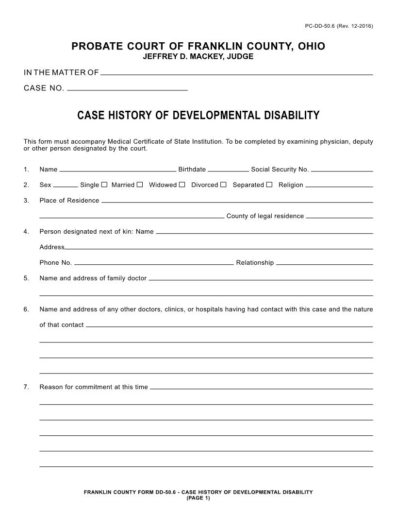 Case History Of Developmental Disability {50.6} | Pdf Fpdf Doc Docx | Ohio