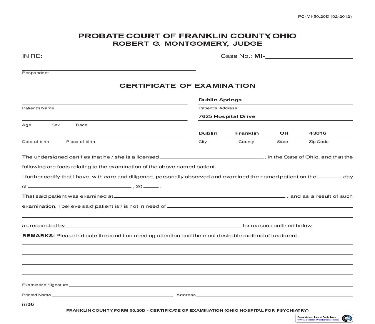Certificate Of Examination (Dublin Springs) {50.20F} |  | Ohio