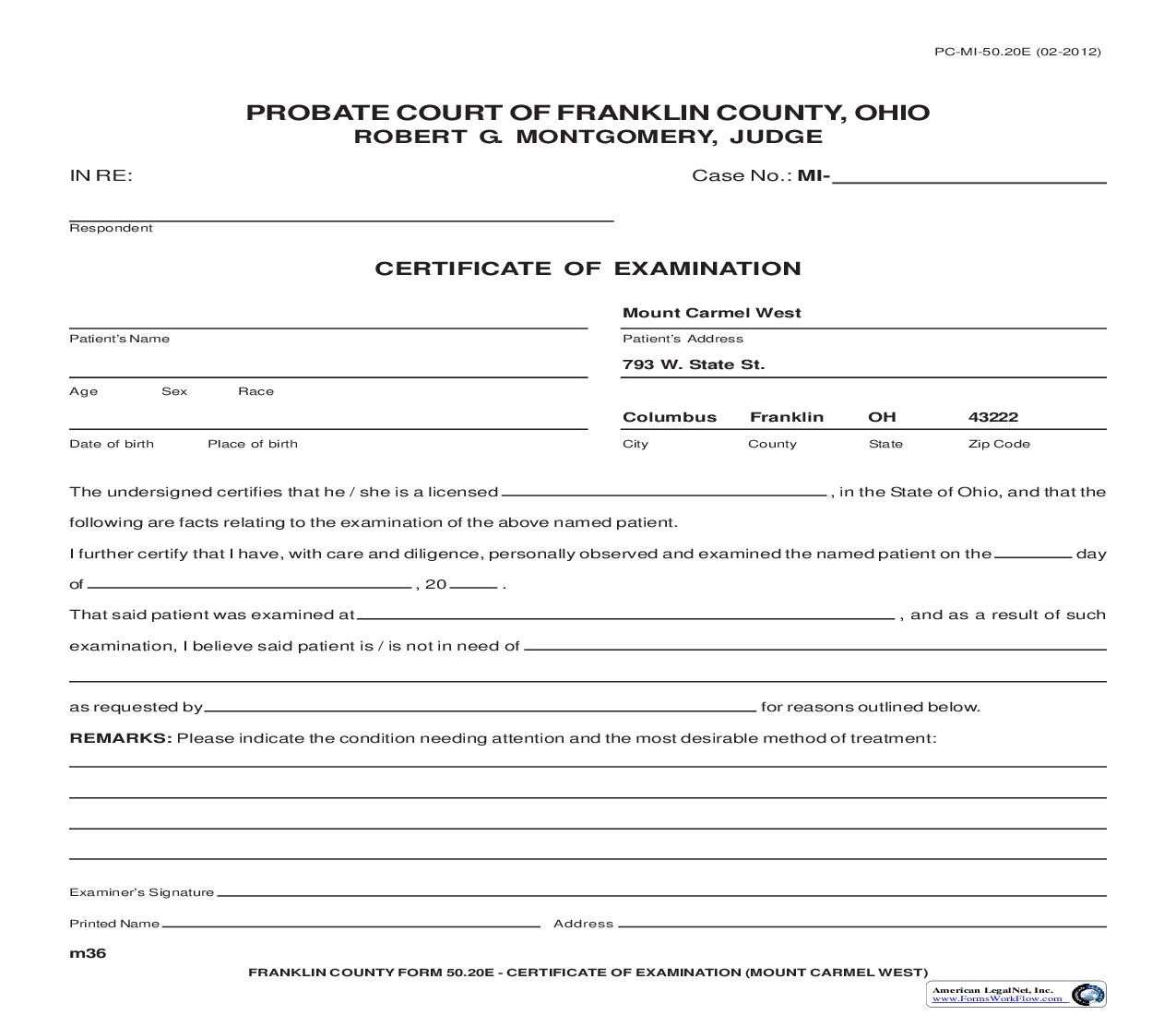 Certificate Of Examination (Mount Carmel West) {50.20E} |  | Ohio