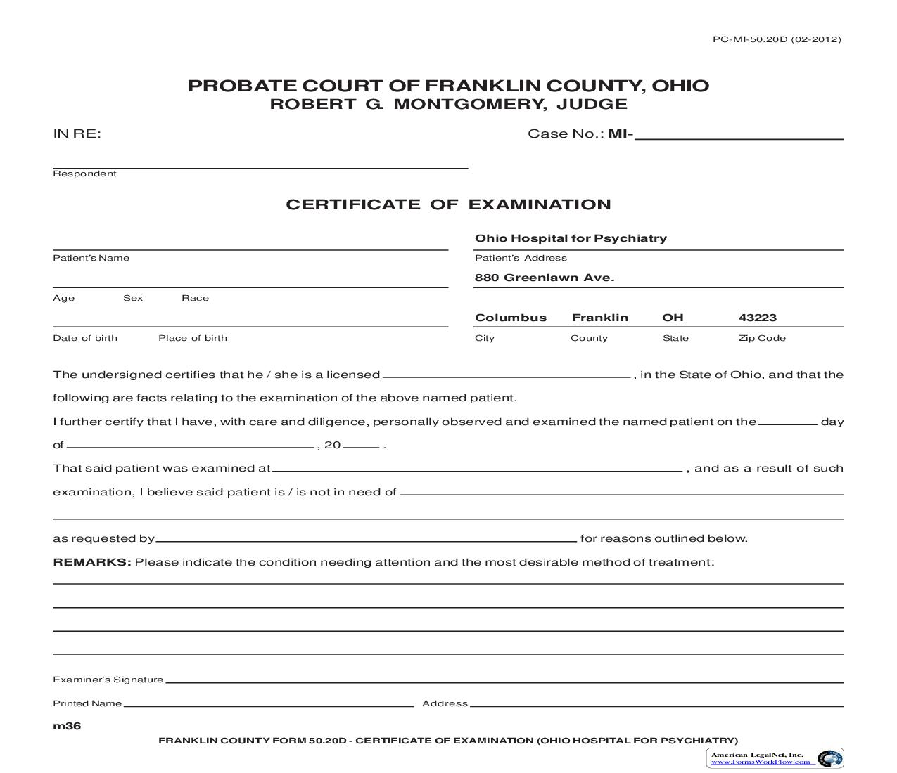 Certificate Of Examination (Ohio Hospital For Psychiatry) {50.20D} |  | Ohio