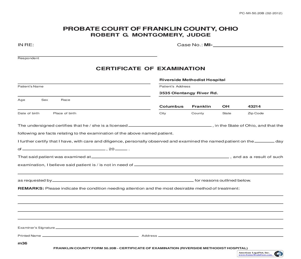 Certificate Of Examination (Riverside Methodist Hospital) {50.20B} |  | Ohio