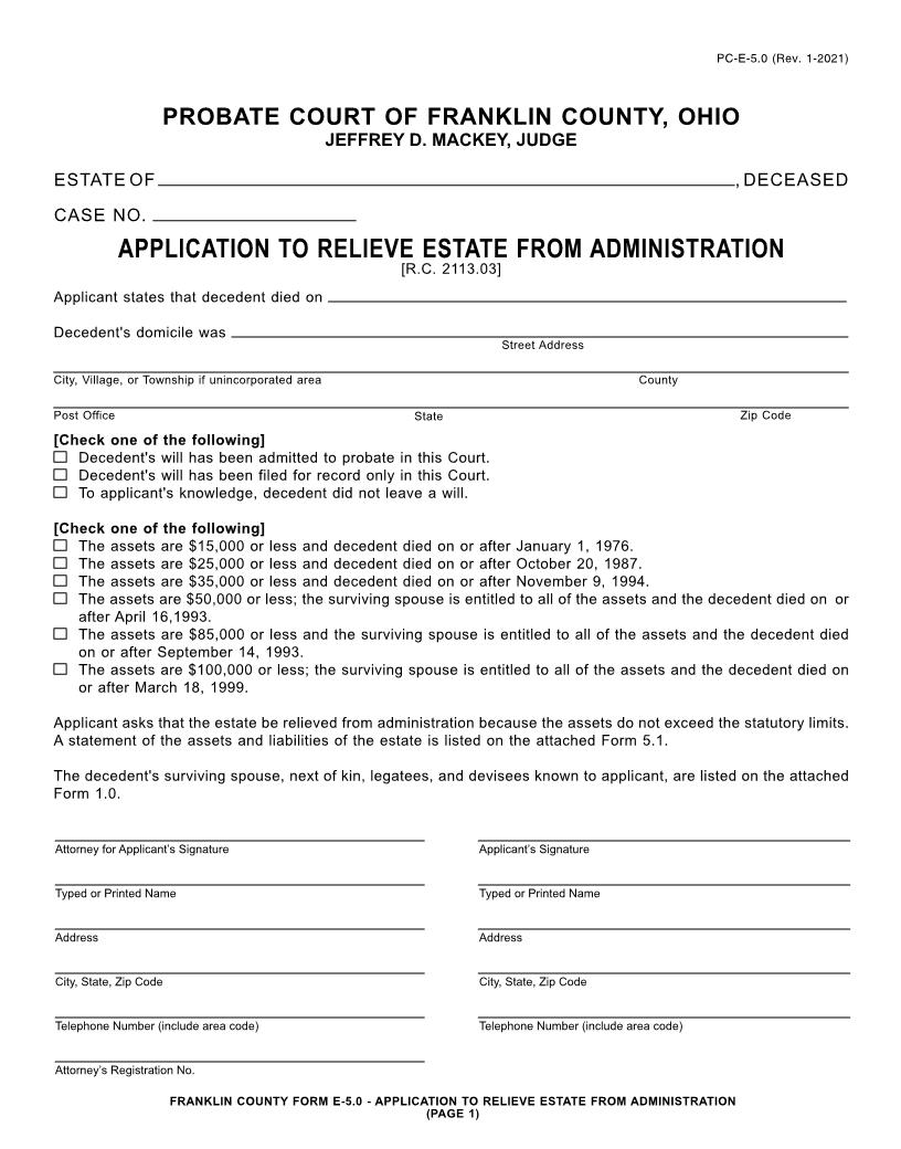 Application To Relieve Estate From Administration {5.0} | Pdf Fpdf Doc Docx | Ohio