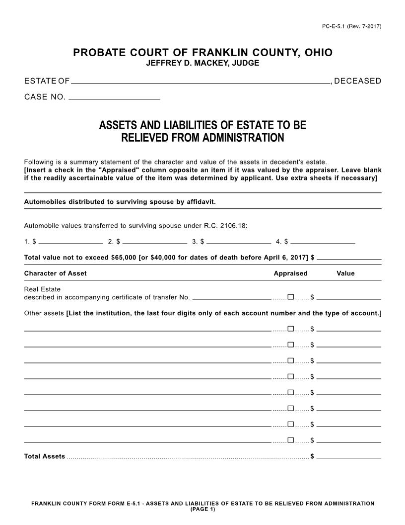 Assets And Liabilities Of Estate To Be Relieved From Administration {5.1} | Pdf Fpdf Docx | Ohio