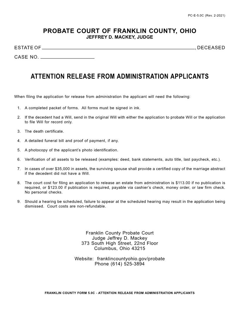 Attention Release From Administration Applicants {5.0C} | Pdf Fpdf Doc Docx | Ohio