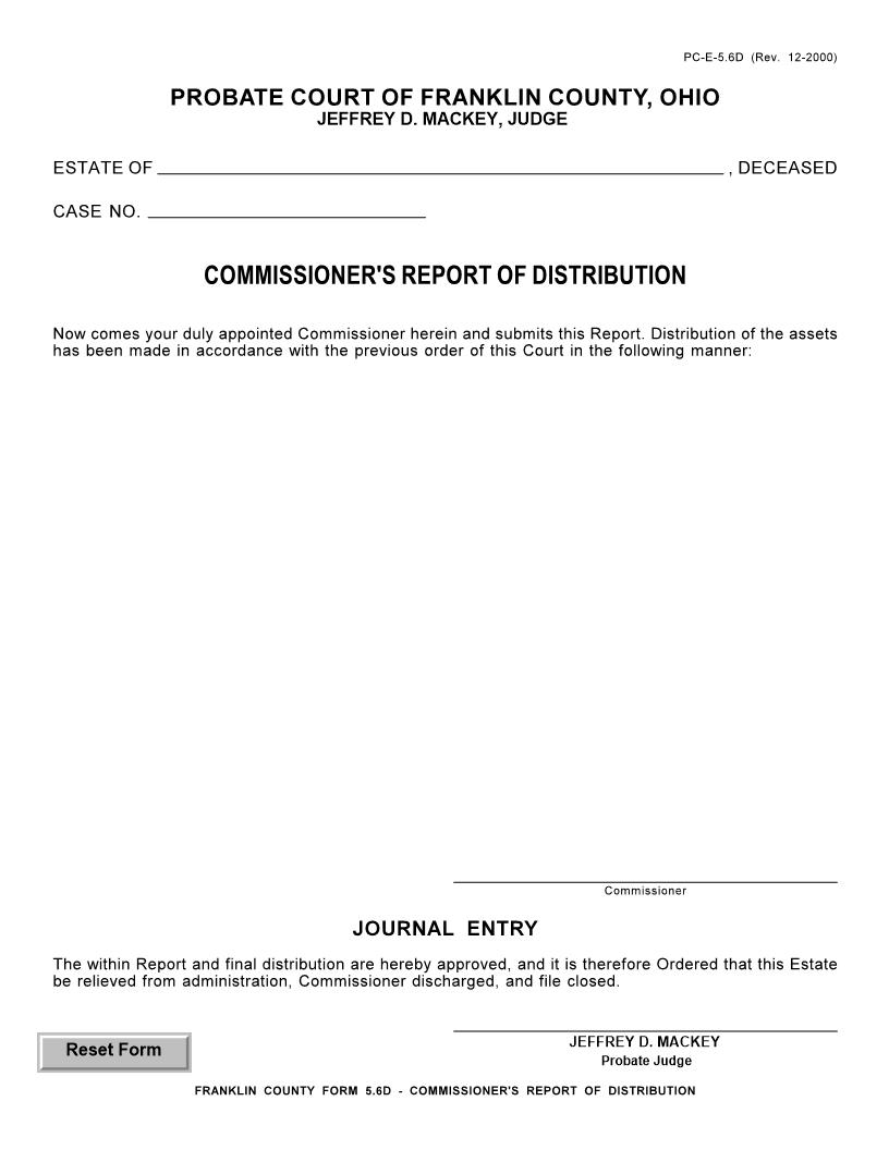 Commissioners Report Of Distribution {5.6D} | Pdf Fpdf Doc Docx | Ohio