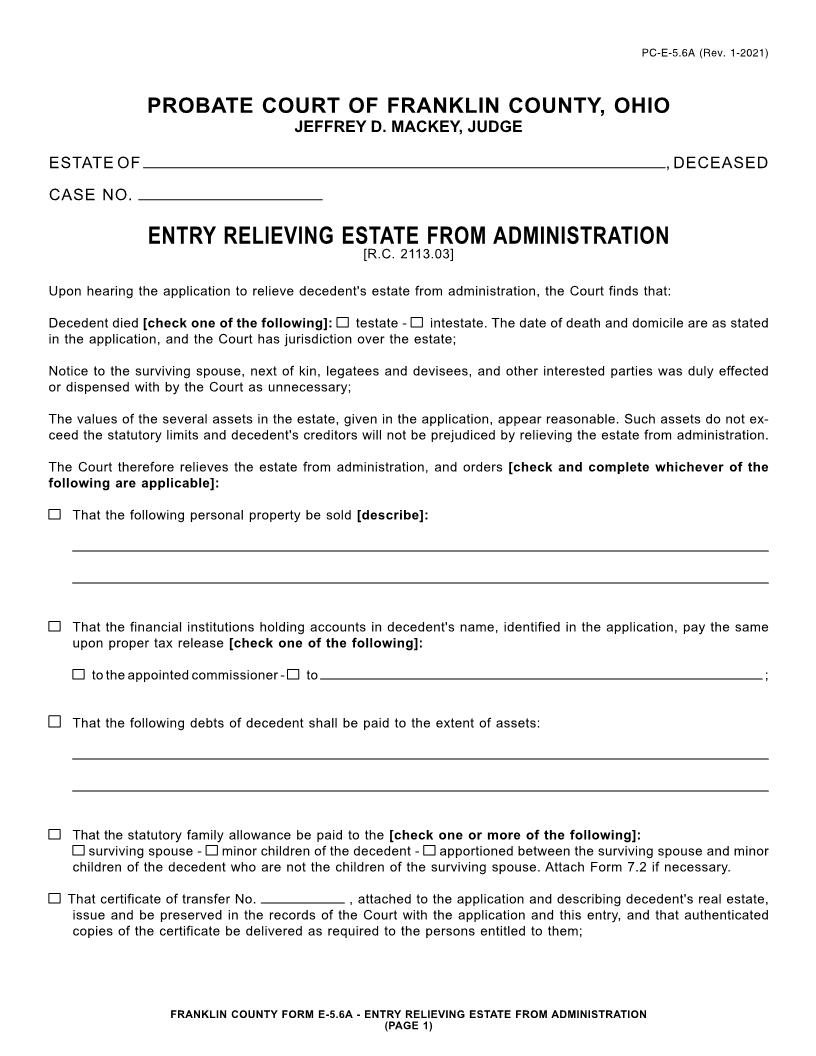 Entry Relieving Estate From Administration {5.6A} | Pdf Fpdf Doc Docx | Ohio