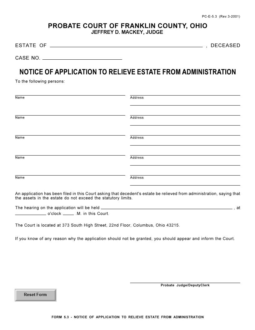 Notice Of Application To Relieve Estate From Administration {5.3} | Pdf Fpdf Doc Docx | Ohio