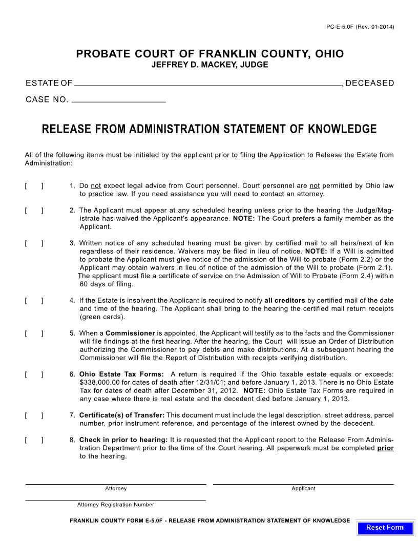 Release From Administration Statement Of Knowledge {5.0F} | Pdf Fpdf Doc Docx | Ohio