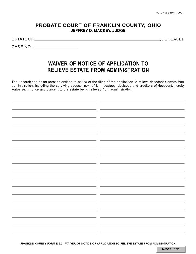 Waiver Of Notice Of Application To Relieve Estate From Administration {5.2} | Pdf Fpdf Doc Docx | Ohio