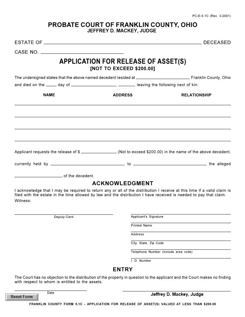 Application For Release Of Assets Not To Exceed $200.00 {5.1C} | Pdf Fpdf Doc Docx | Ohio
