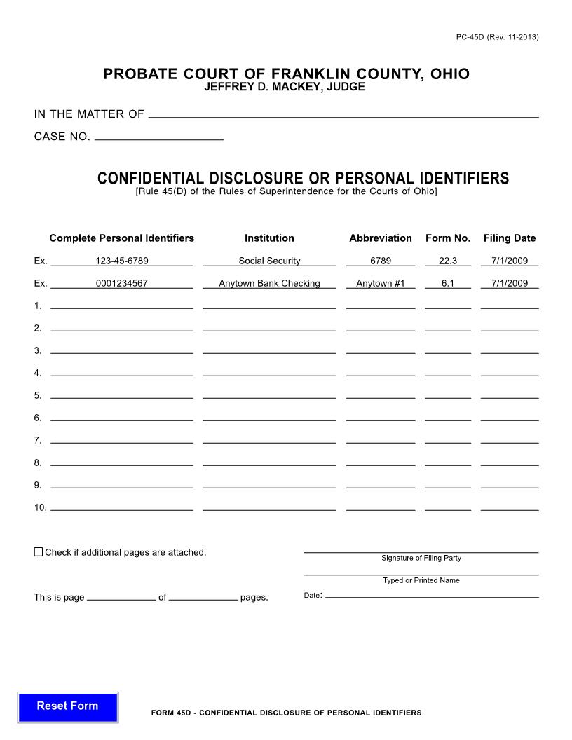 Confidential  Disclosure Or Personal Identifiers {45D} | Pdf Fpdf Doc Docx | Ohio