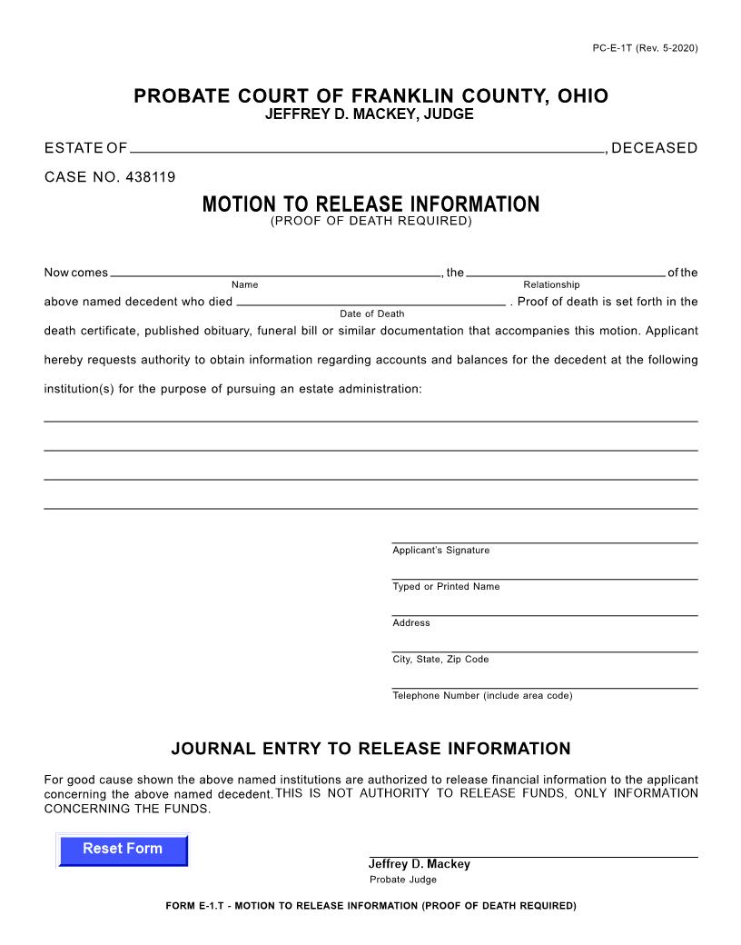 Motion To Release Information {1.T} | Pdf Fpdf Doc Docx | Ohio