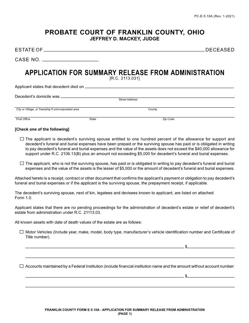 Application For Summary Release From Administration {5.10A} | Pdf Fpdf Doc Docx | Ohio