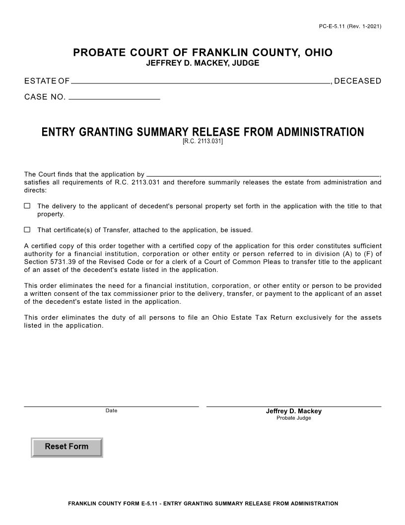 Entry Granting Summary Release From Administration {5.11} | Pdf Fpdf Doc Docx | Ohio