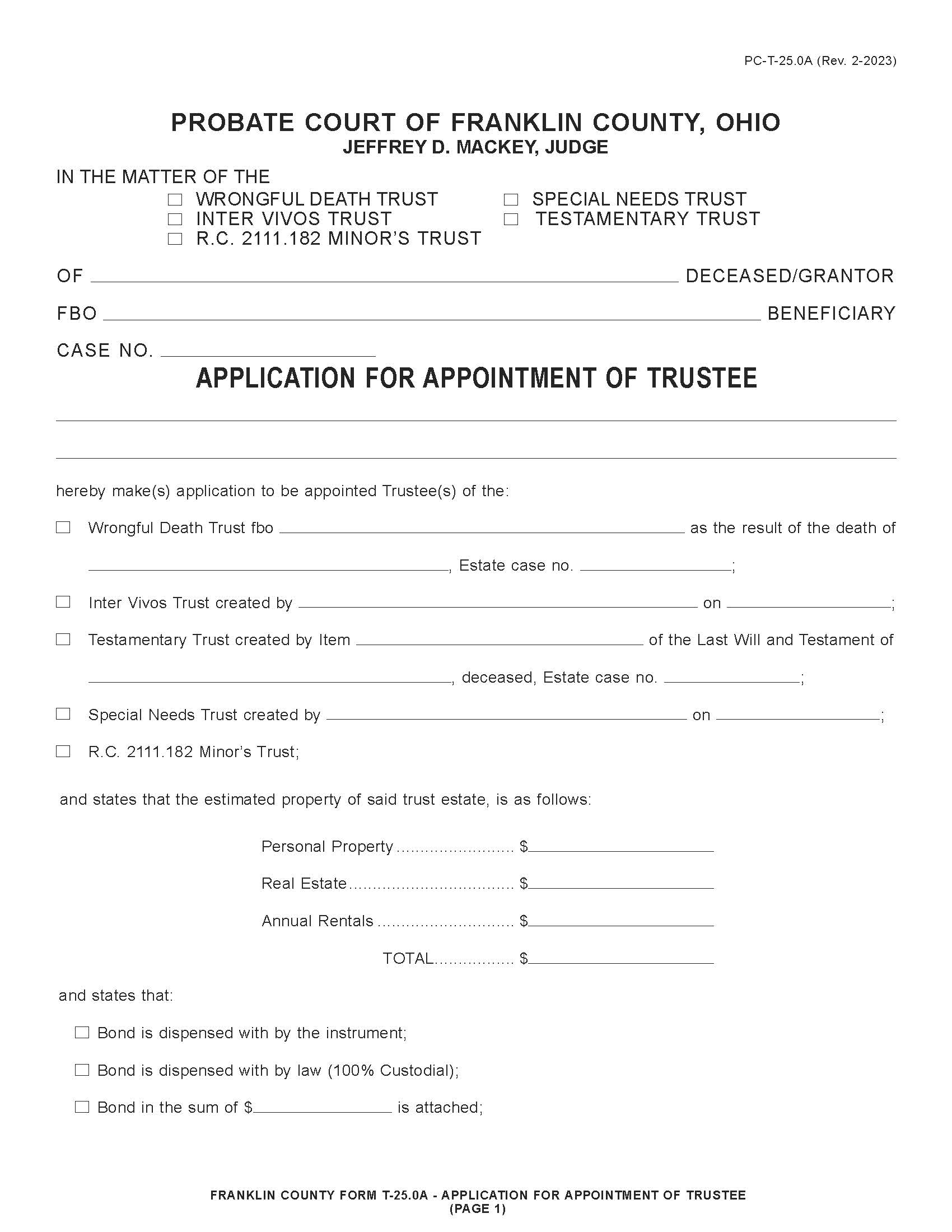 Application For Appointment Of Trustee {25.0A} | Pdf Fpdf Doc Docx | Ohio