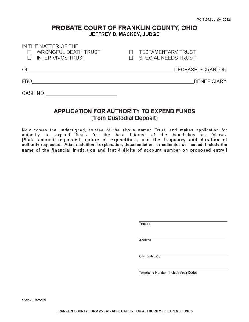 Application For Authority To Expend Funds (Custodial Deposit) {PC-T-25.9ac} | Pdf Fpdf Doc Docx | Ohio