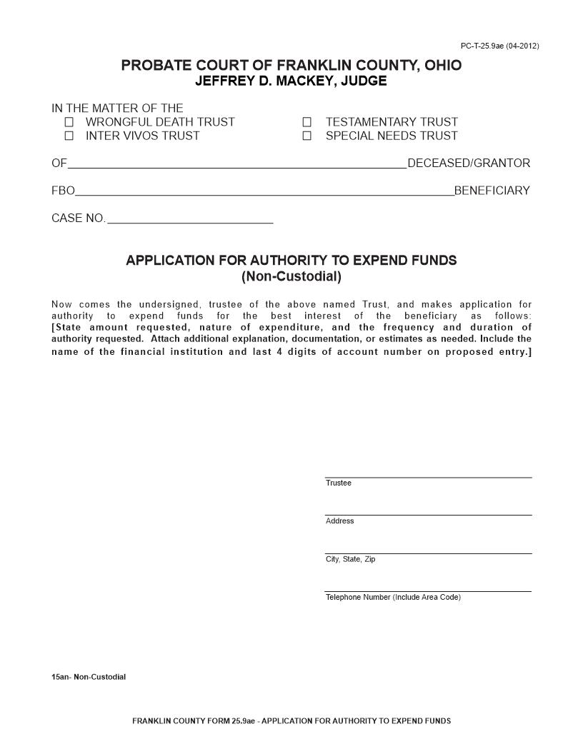 Application For Authority To Expend Funds (Non Custodial) {PC-T-25.9ae} | Pdf Fpdf Doc Docx | Ohio