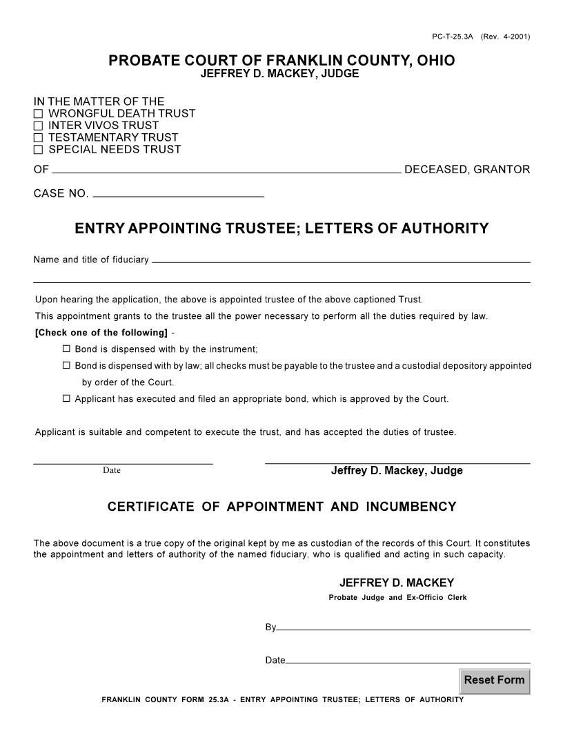Entry Appointing Trustee Letters Of Authority {25.3A} | Pdf Fpdf Doc Docx | Ohio