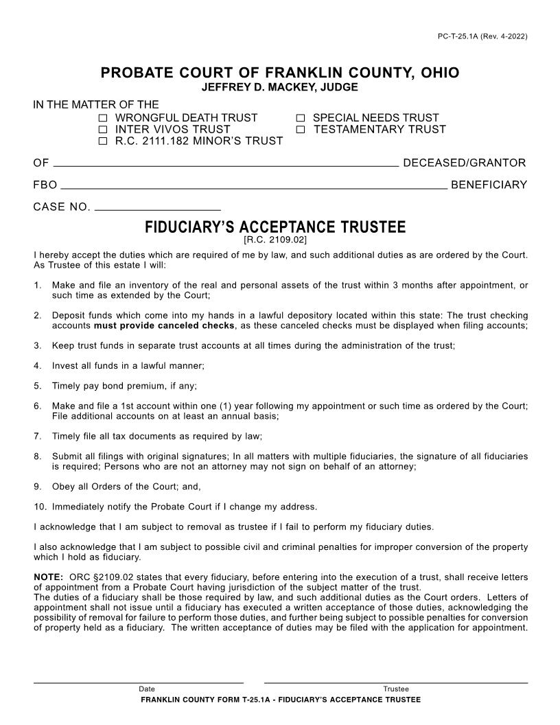 Fiduciarys Acceptance Trustee {25.1A} | Pdf Fpdf Doc Docx | Ohio