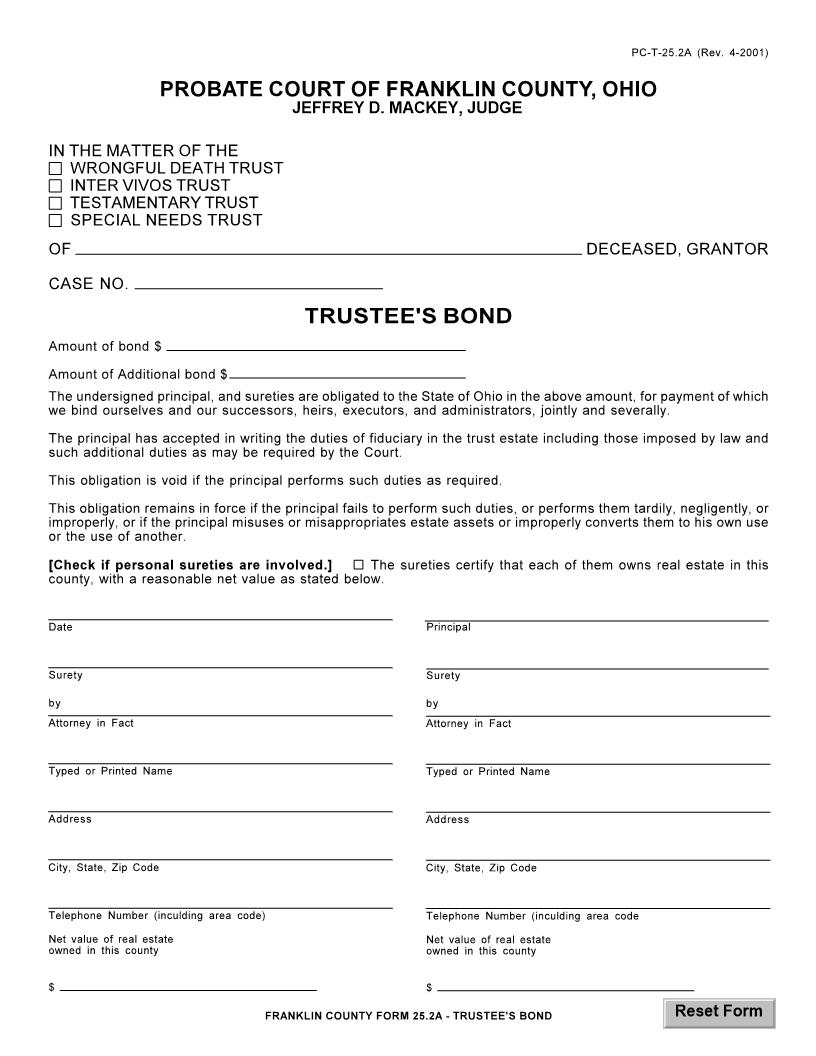 Trustees Bond {25.2A} | Pdf Fpdf Doc Docx | Ohio