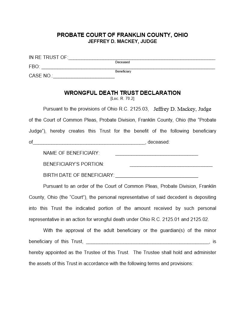 Wrongful Death Trust Declaration | Pdf Fpdf Doc Docx | Ohio