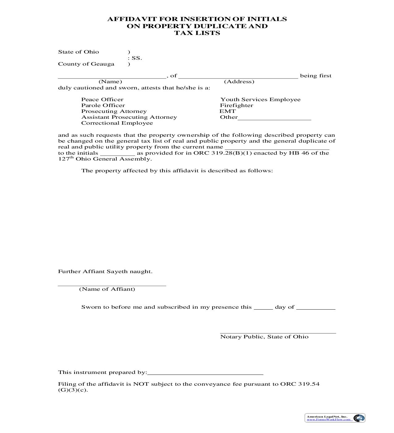 Affidavit For Insertion Of Initials On Property Duplicate And Tax Lists | Pdf Fpdf Doc Docx | Ohio