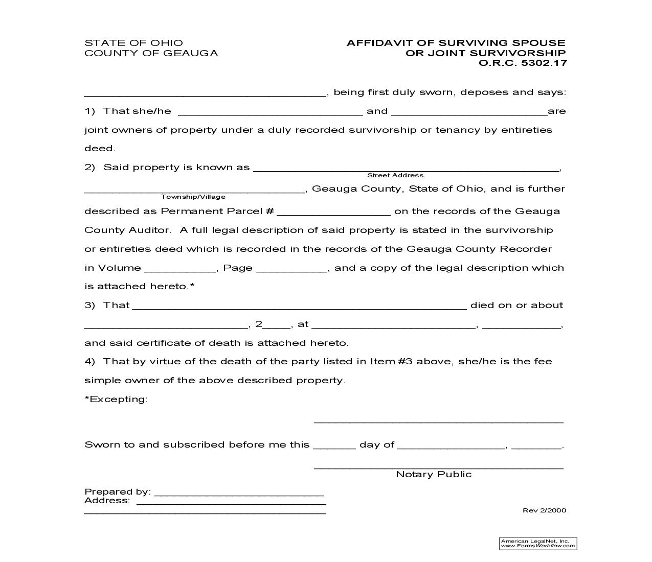 Affidavit Of Surviving Spouse Or Joint Survivorship | Pdf Fpdf Doc Docx | Ohio