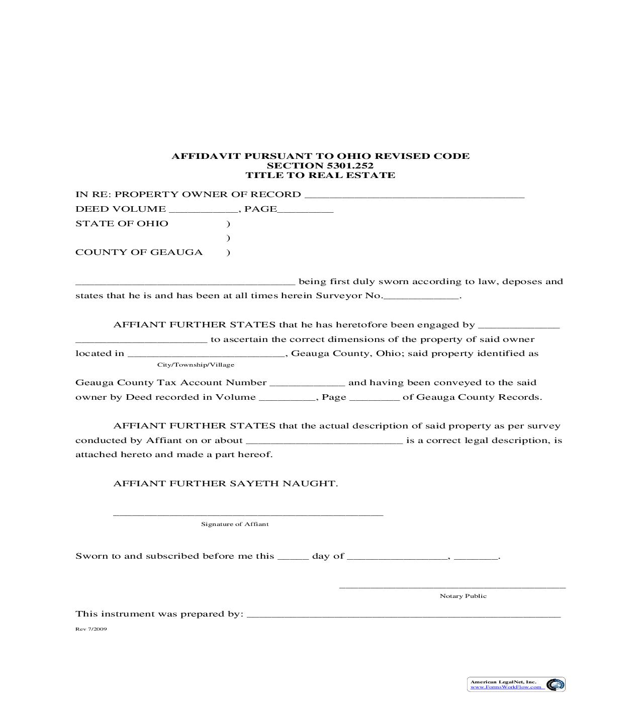 Affidavit Pursuant To Ohio Revised Code Section 5301 252 | Pdf Fpdf Doc Docx | Ohio