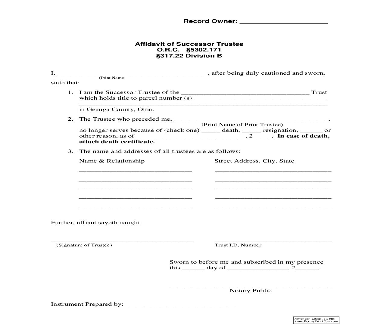 Affidavit Successor Trustee | Pdf Fpdf Doc Docx | Ohio