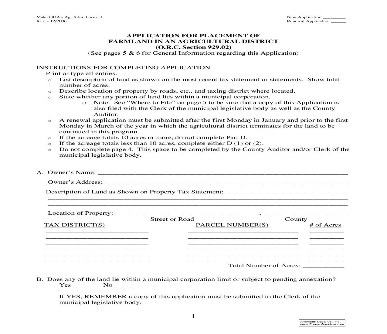 Application For Placement Of Farmland In An Agricultural District {ODA 11} | Pdf Fpdf Doc Docx | Ohio