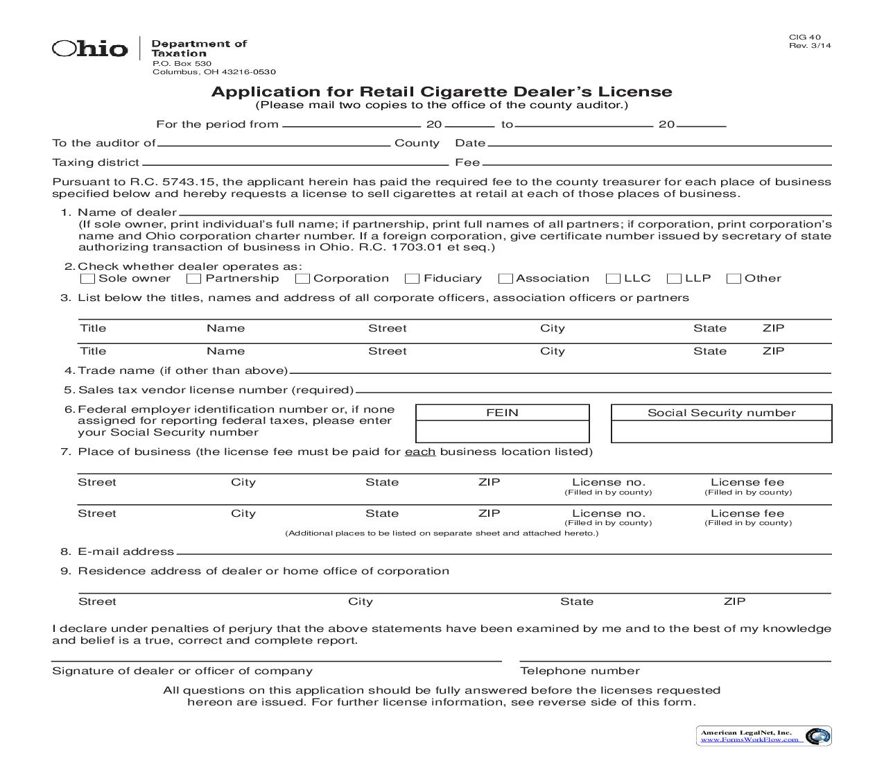 Application For Retail Cigarette Dealers License {CIG 40} | Pdf Fpdf Doc Docx | Ohio