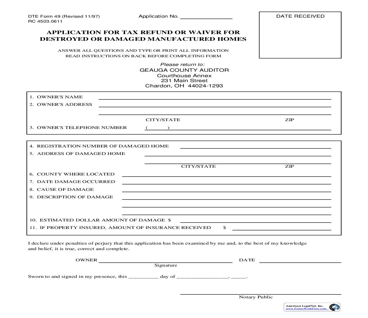 Application For Tax Refund Or Waiver For Destroyed Or Damaged Manufactured Homes {DTE 49} | Pdf Fpdf Doc Docx | Ohio
