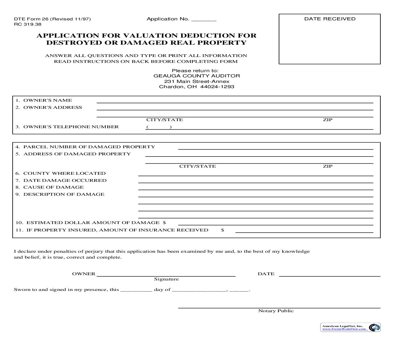 Application For Valuation Deduction For Destroyed Or Damaged Real Property {DTE 26} | Pdf Fpdf Doc Docx | Ohio