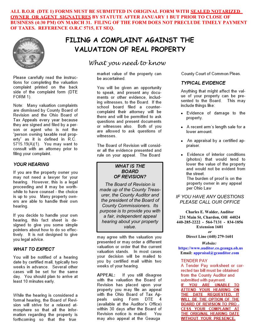 Complaint Against The Valuation Of Real Property {DTE 1} | Pdf Fpdf Docx | Ohio
