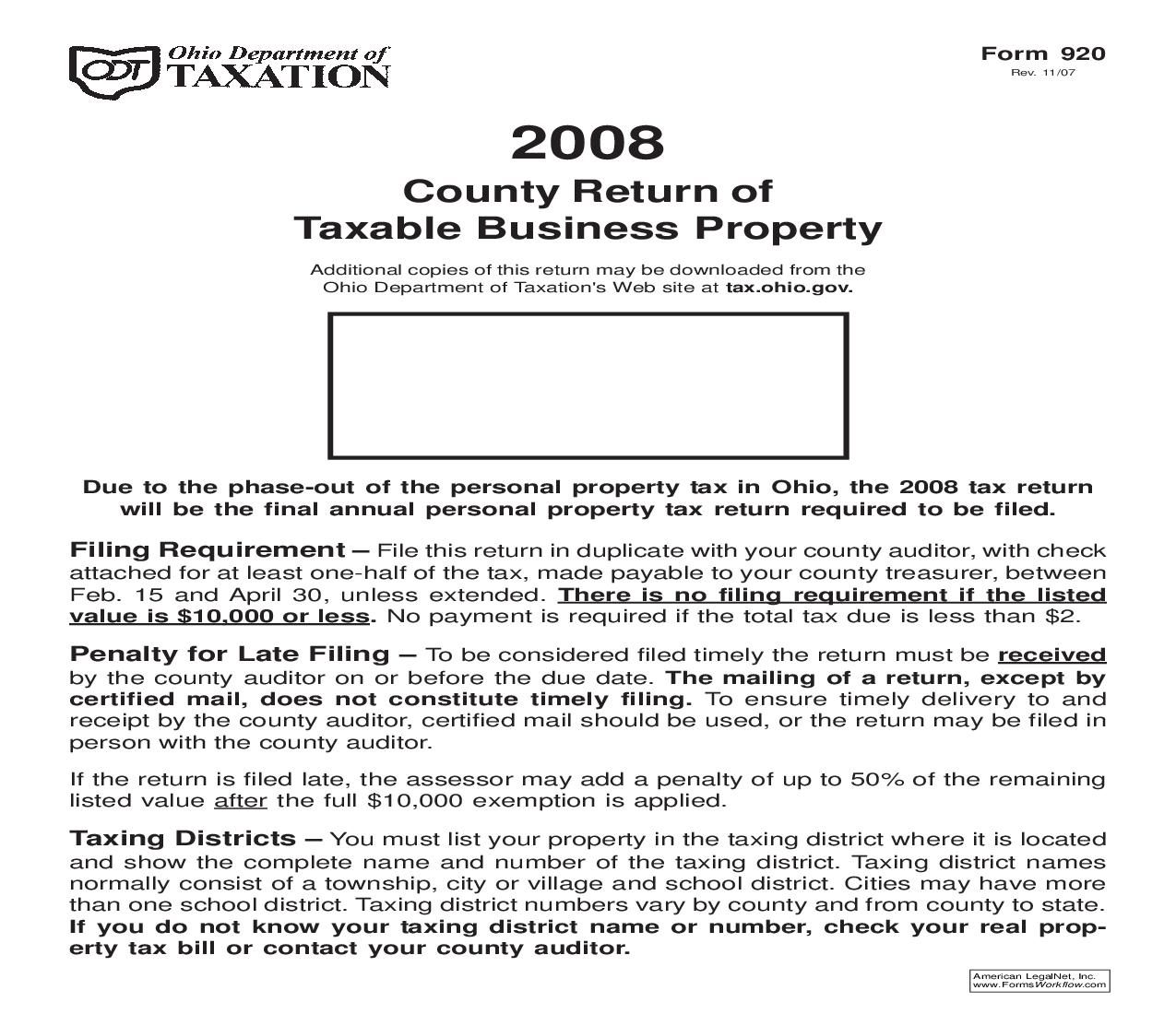 County Return Of Taxable Business Property {920} |  | Ohio