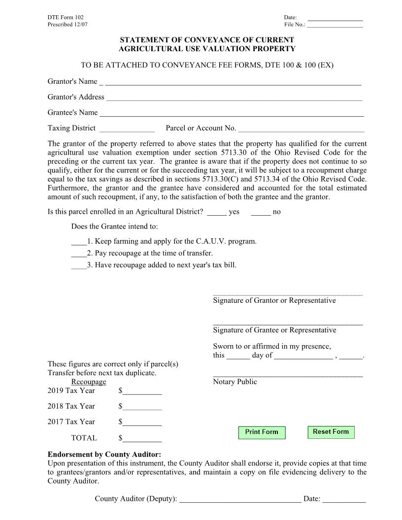 Statement Of Conveyance Of Current Agricultural Use Valuation Property {DTE 102} | Pdf Fpdf Docx | Ohio