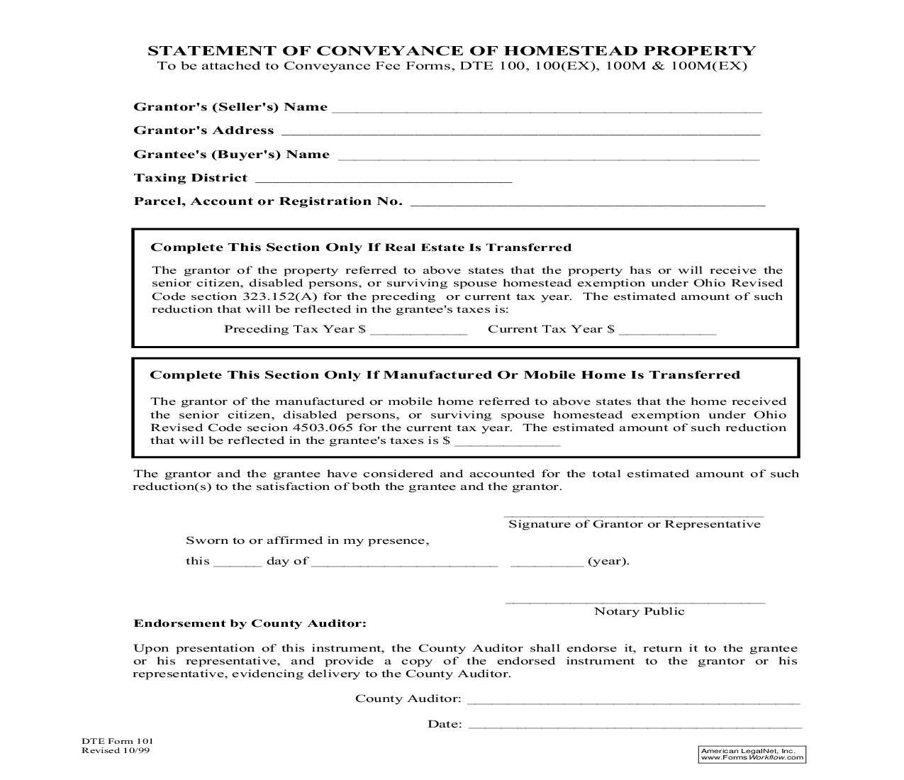 Statement Of Conveyance Of Homestead Property {DTE 101} | Pdf Fpdf Doc Docx | Ohio