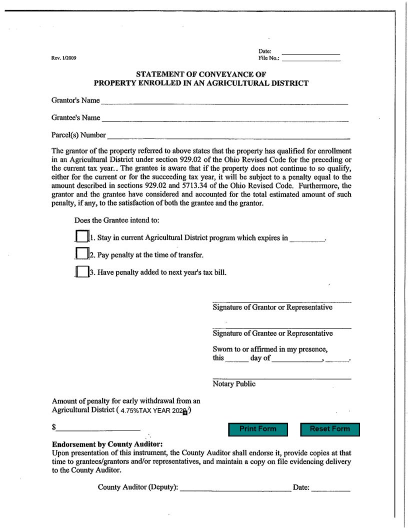 Statement Of Conveyance Of Property Enrolled In An Agricultural District | Pdf Fpdf Doc Docx | Ohio
