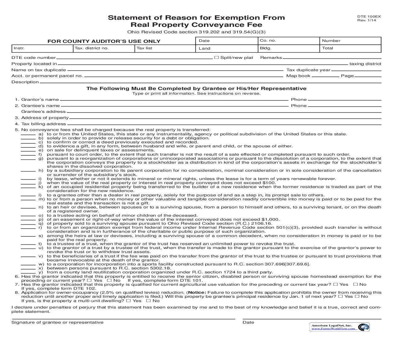 Statement Of Reason For Exemption From Real Property Conveyance Fee {DTE 100 EX} | Pdf Fpdf Doc Docx | Ohio