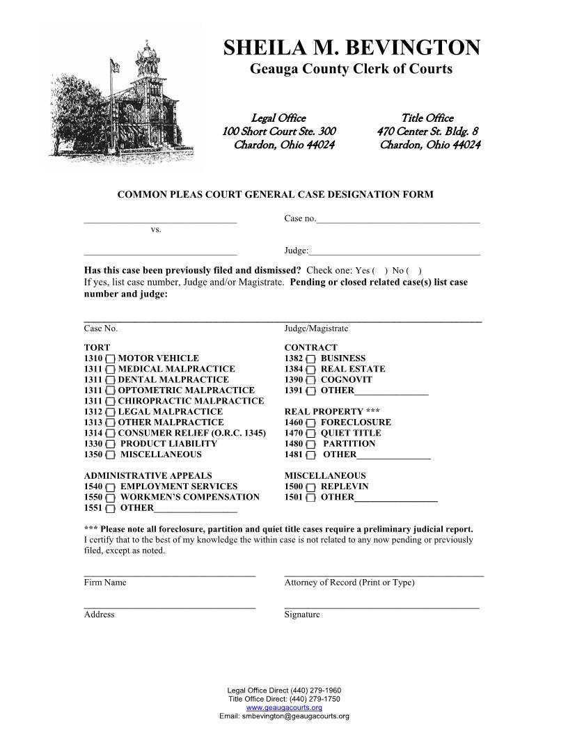 Common Pleas Court General Case Designation Form | Pdf Fpdf Doc Docx | Ohio