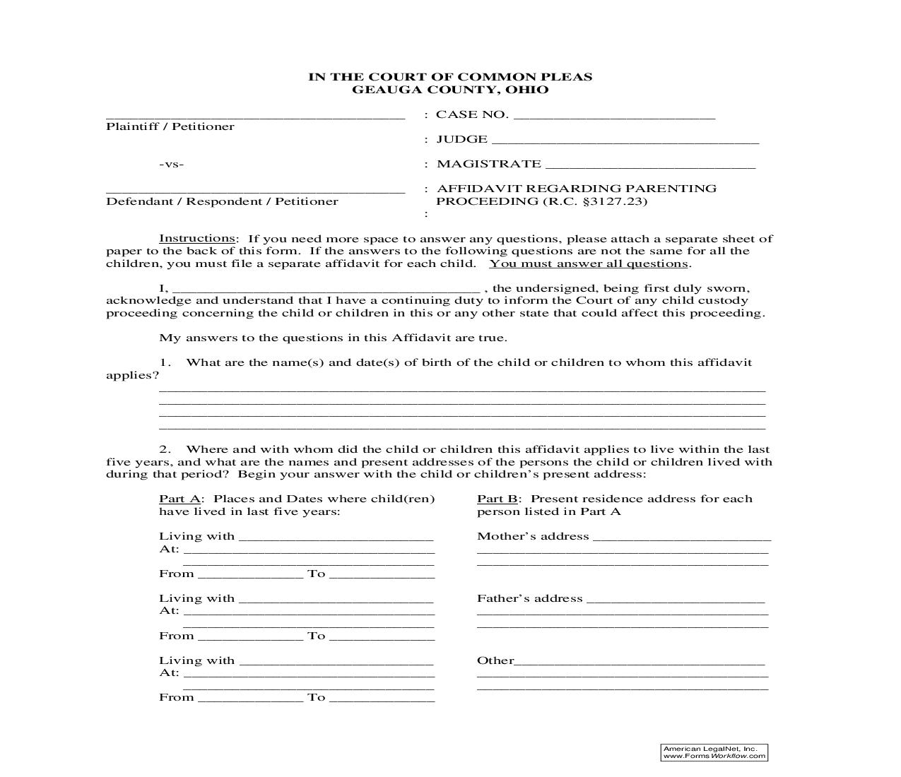 Affidavit Regarding Parenting Proceeding | Pdf Fpdf Doc Docx | Ohio