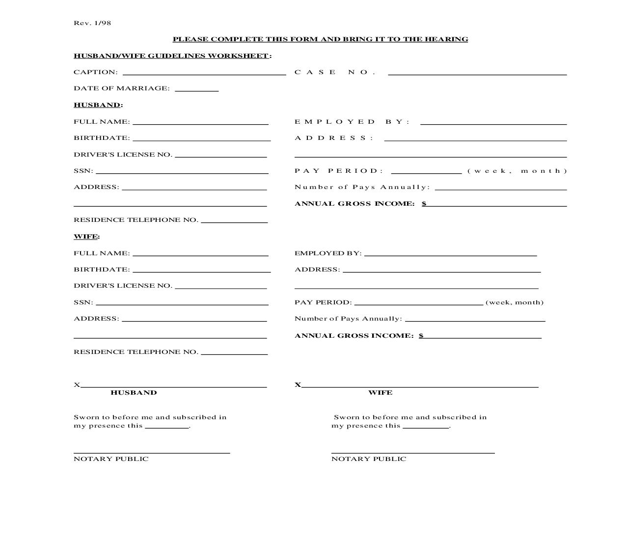 Husband Wife Guidelines Worksheet - No Children | Pdf Fpdf Doc Docx | Ohio