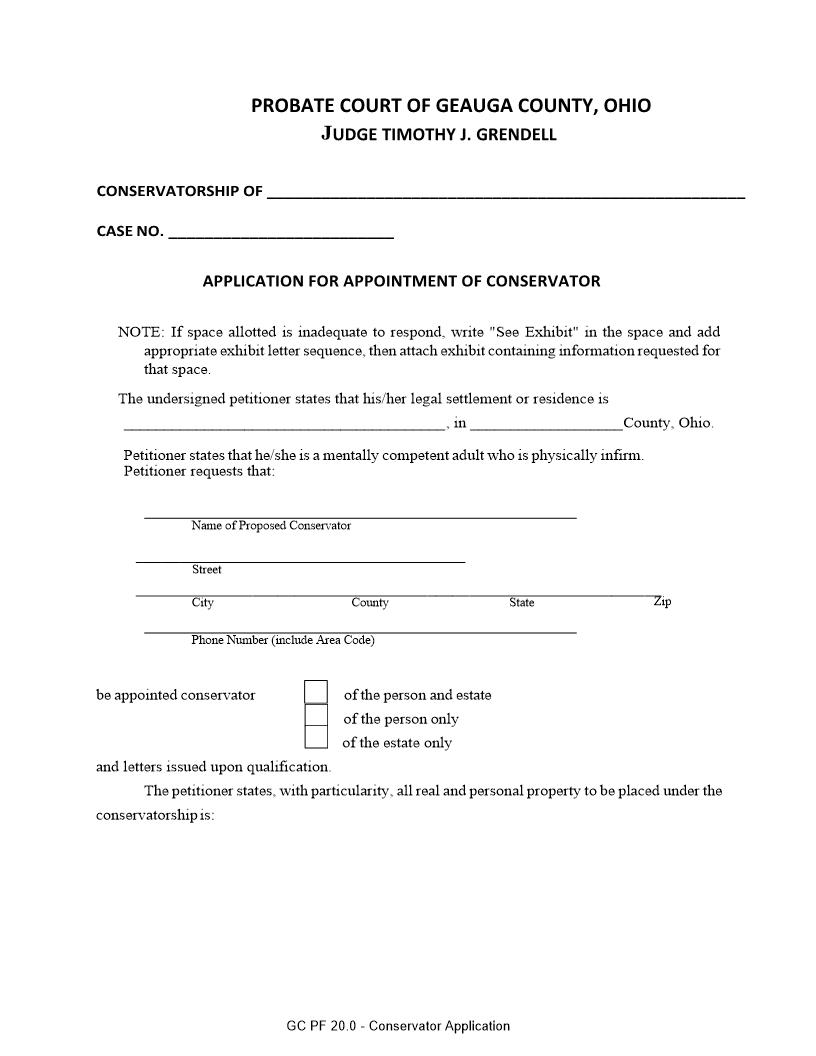 Application For Appointment Of Conservator {20.0} | Pdf Fpdf Doc Docx | Ohio