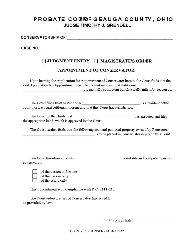 Judgment Entry Appointment Of Conservator {20.1} | Pdf Fpdf Doc Docx | Ohio