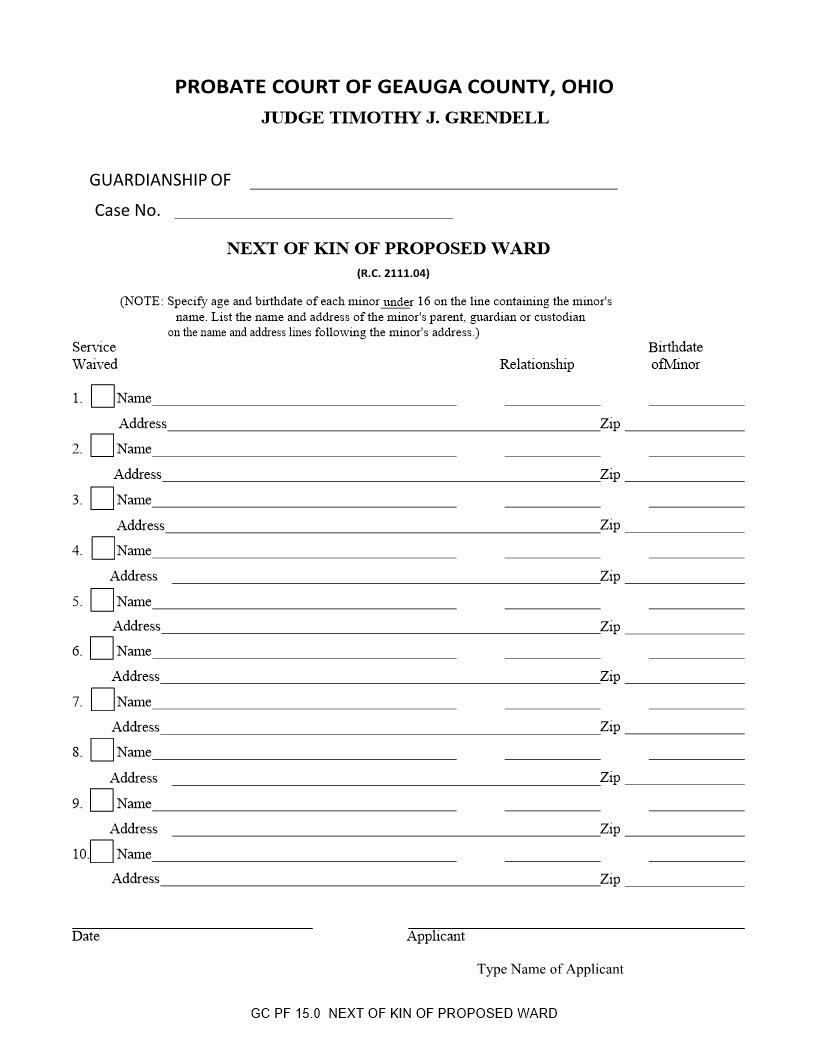 Next Of Kin Of Proposed Ward {15.0.} | Pdf Fpdf Doc Docx | Ohio