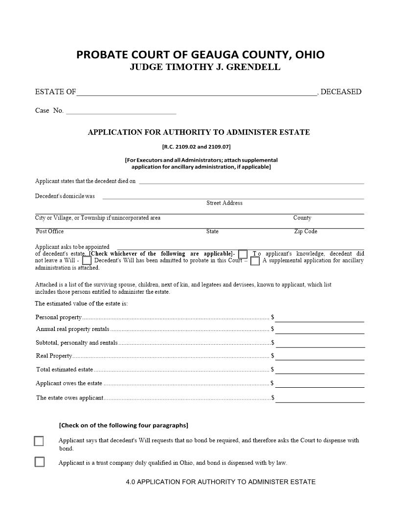 Application For Authority To Administer Estate {4.0} | Pdf Fpdf Doc Docx | Ohio